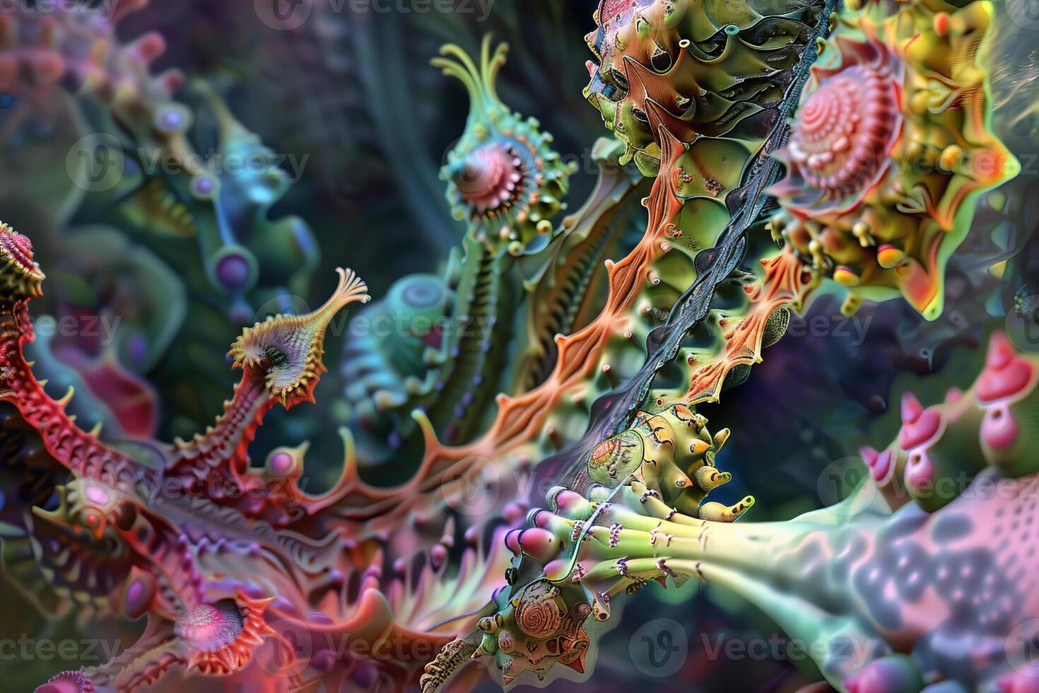 Vibrant and intricate digital fractal landscape with surreal abstract patterns photo