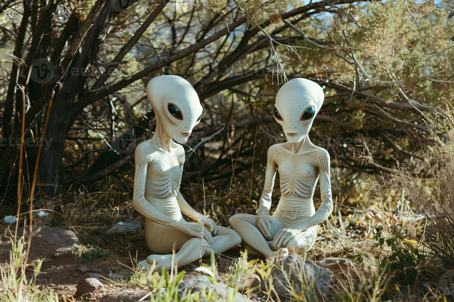 Two alien figures sit amidst desert vegetation, creating an otherworldly scene photo