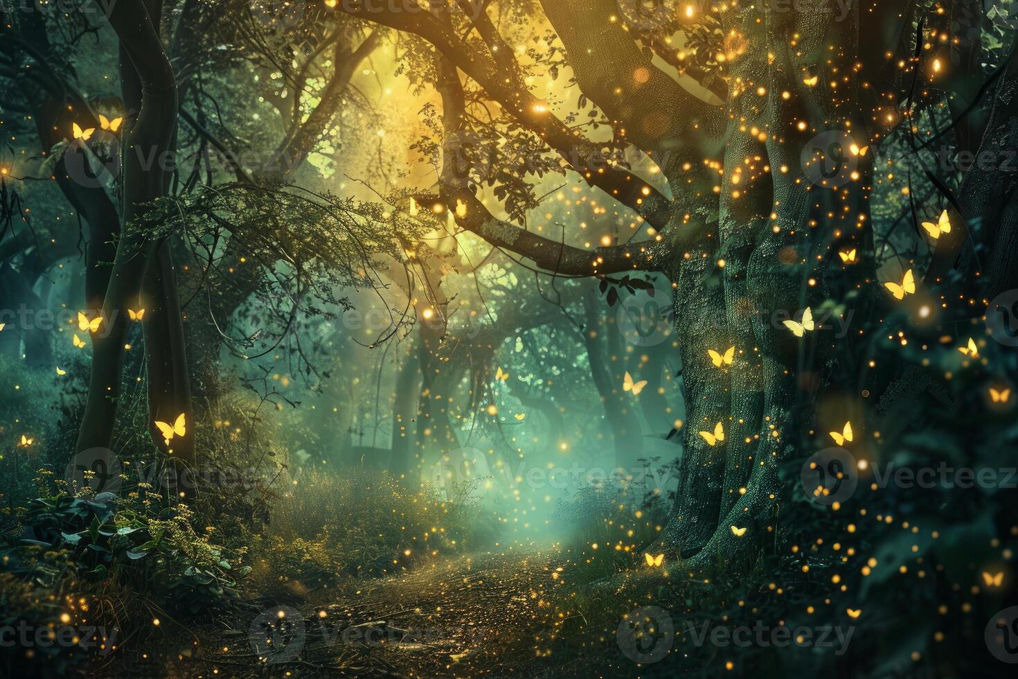 Enchanted forest path with glowing butterflies photo