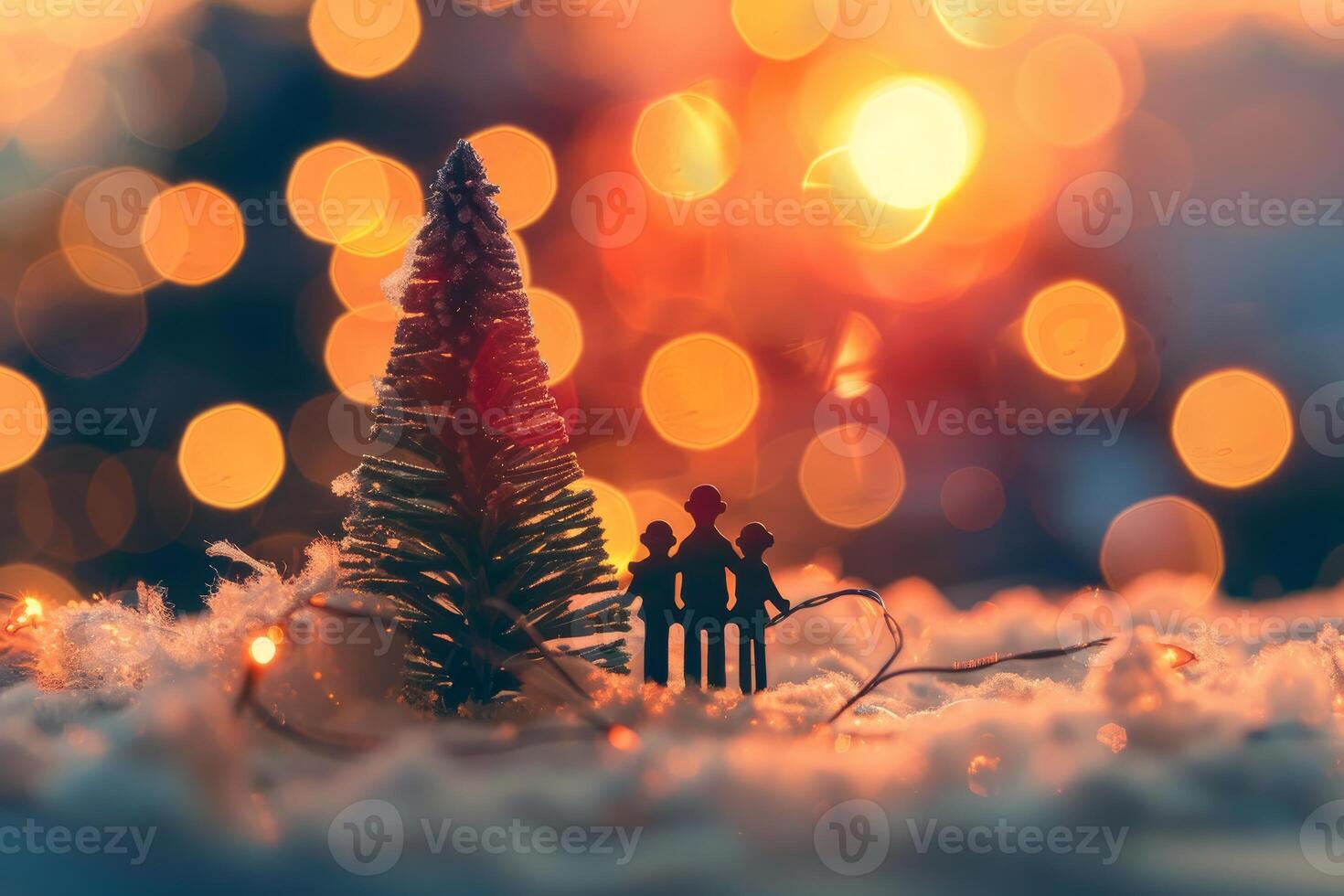 Festive family silhouette with christmas tree bokeh photo