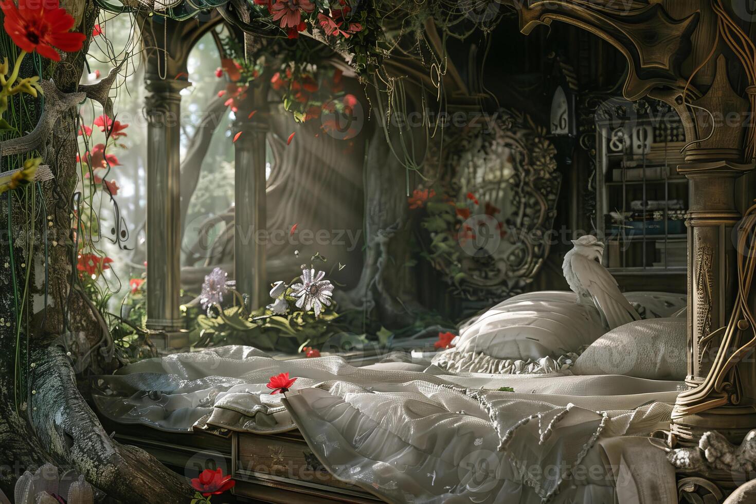 Enchanted forest bedroom with elegant vintage details photo