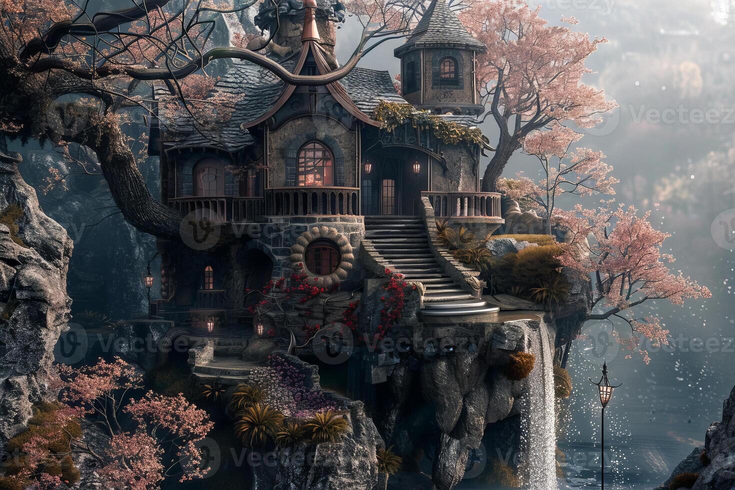 Enchanted forest cottage in spring bloom photo