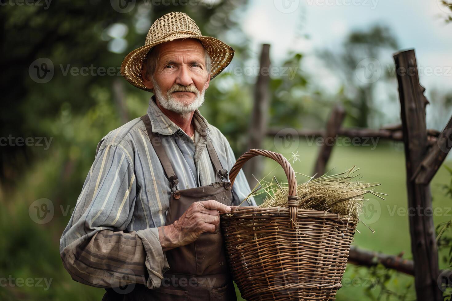 Senior farmer with basket in countryside photo