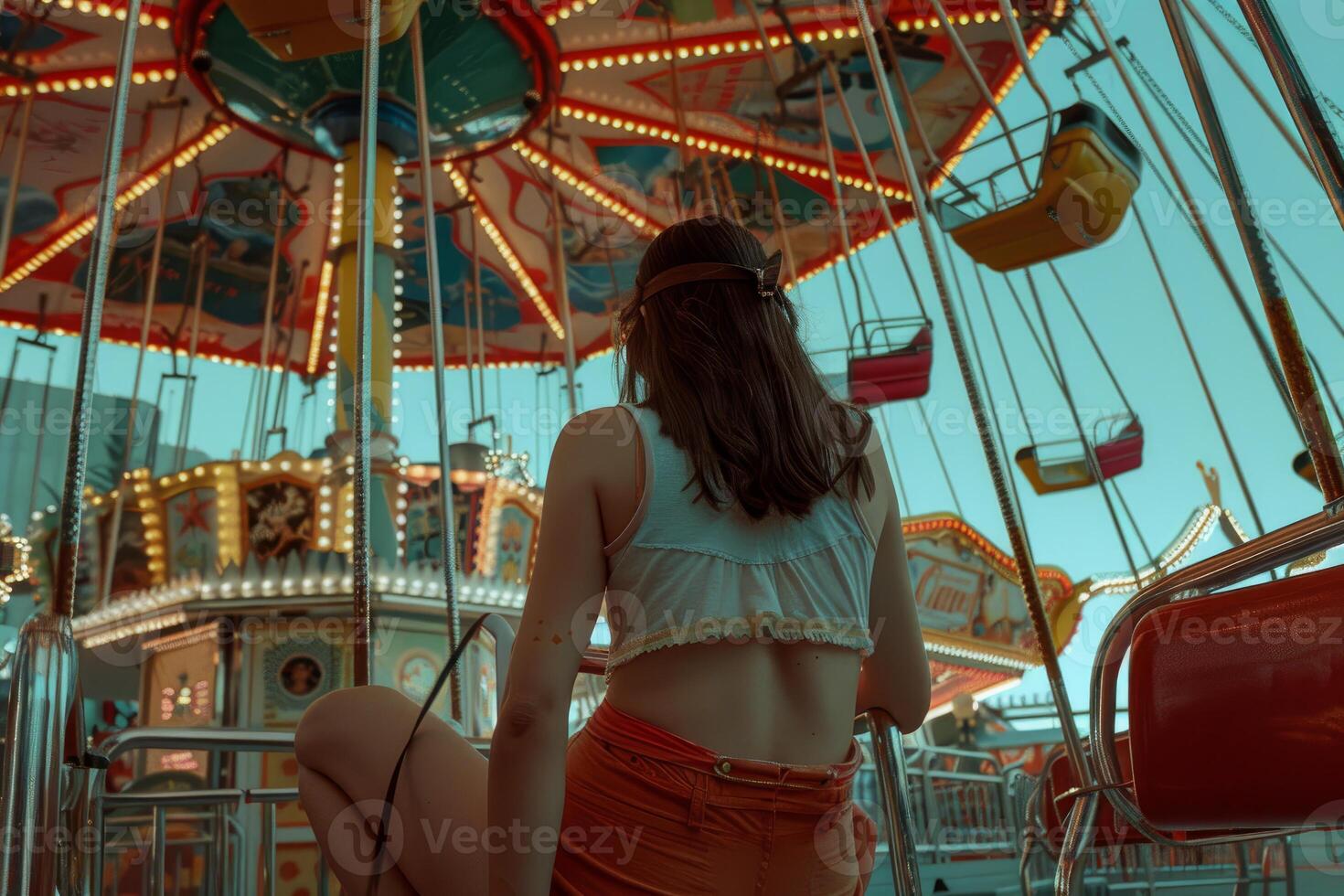 Young woman enjoying time at carnival swing ride photo