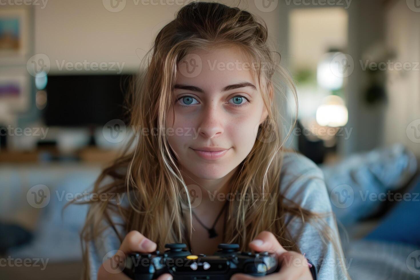 Young gamer girl with controller photo