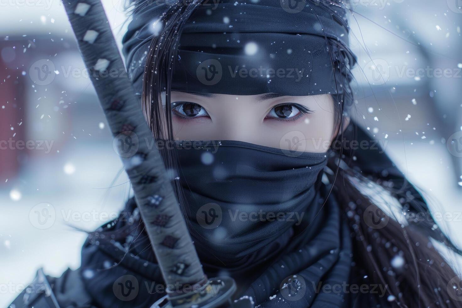 Mysterious ninja woman in snow photo