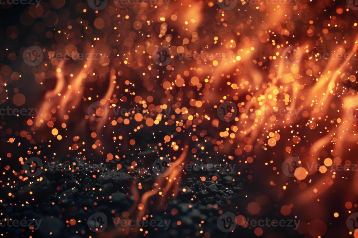Close up of vibrant orange sparks and embers floating in air with a dark background photo