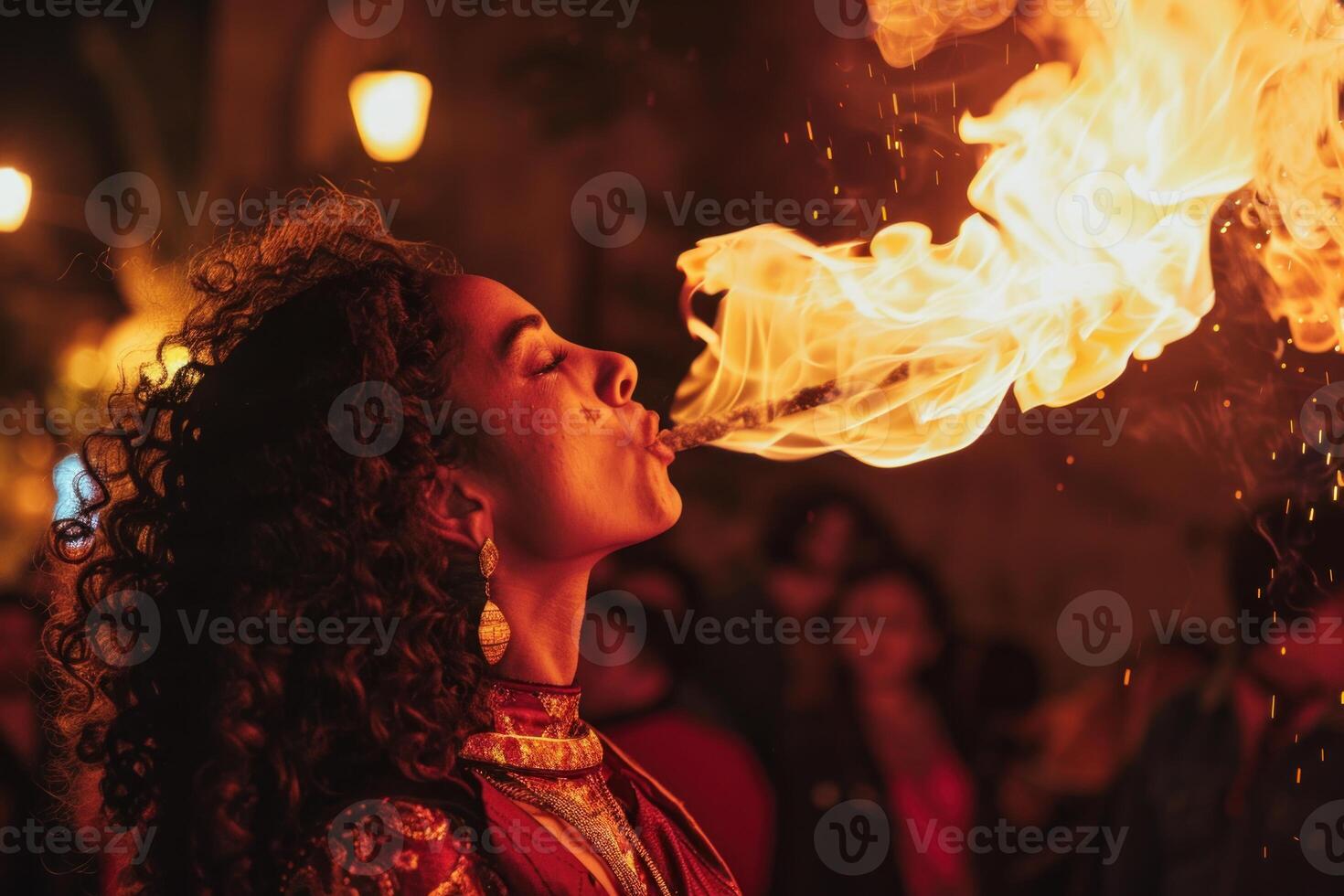 Enchanting fire breather performs at night event photo