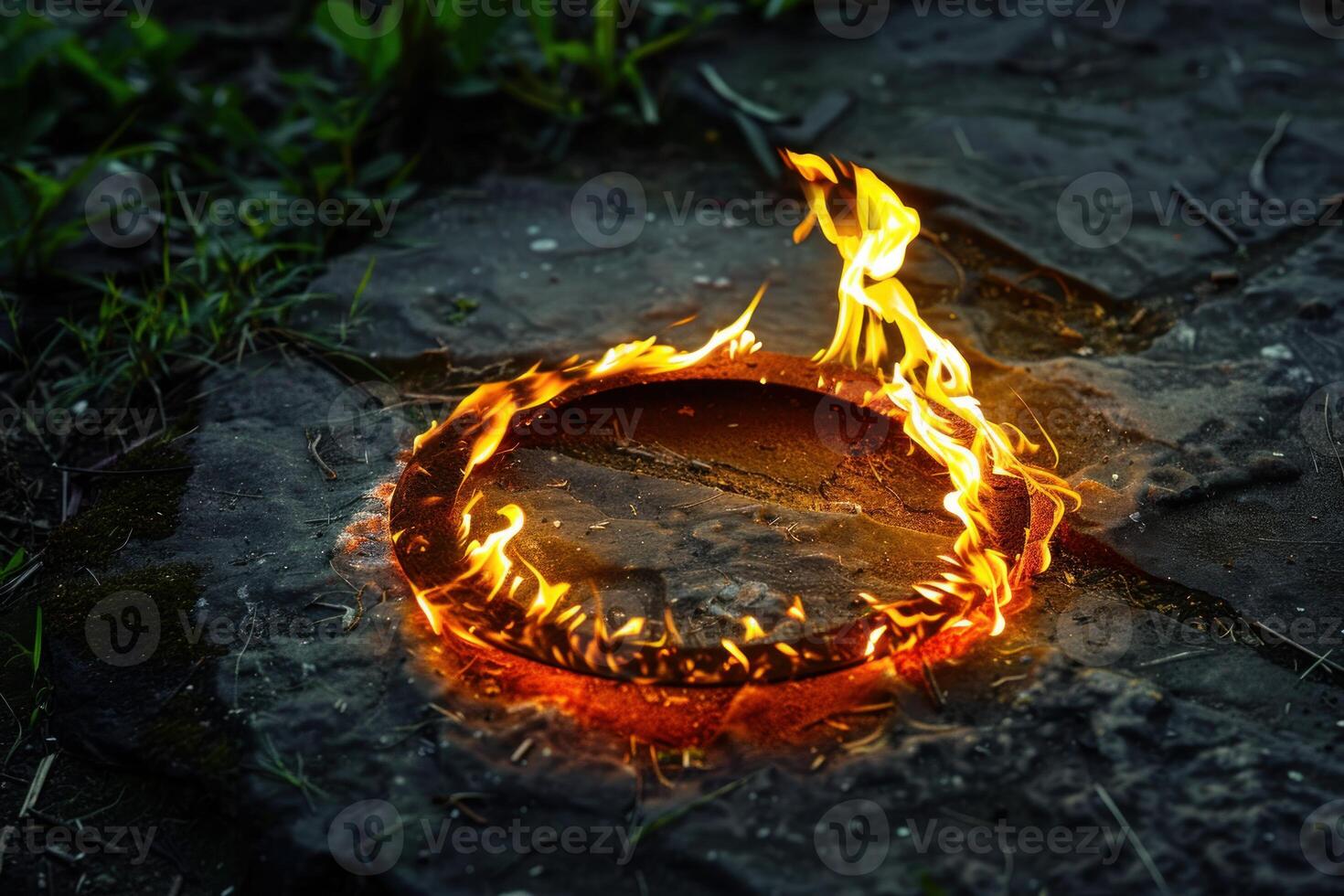 Circle of fire on the ground at dusk photo