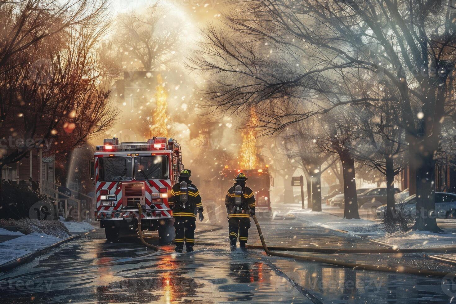 Brave firefighters tackling urban blaze photo