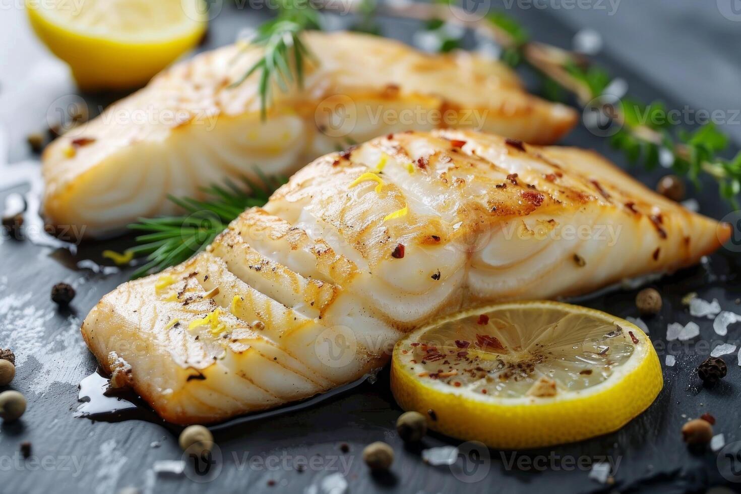 Grilled cod fillets with lemon and herbs photo