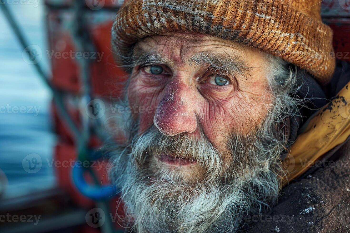 Close up portrait of an old fisherman with a characterful face, expressive eyes, and a life at sea photo