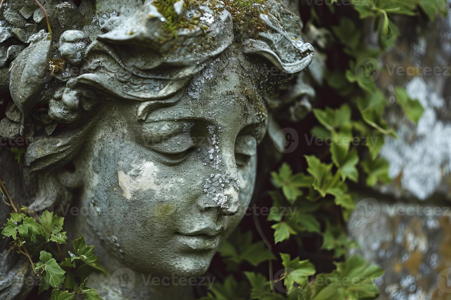 Enigmatic stone statue face in garden photo