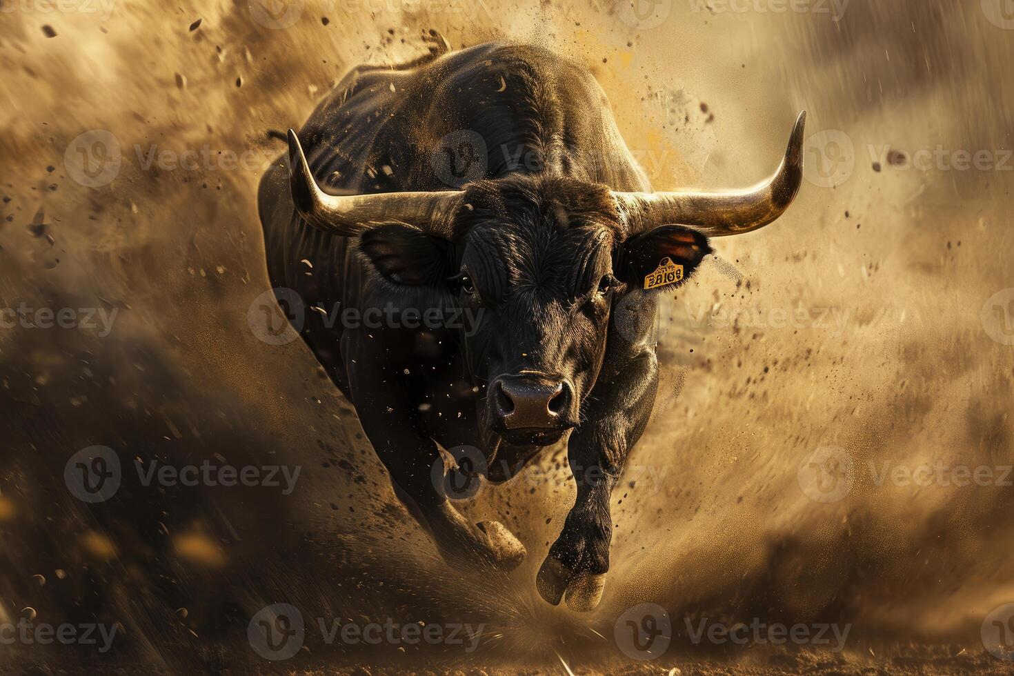 Charging bull in dusty arena photo