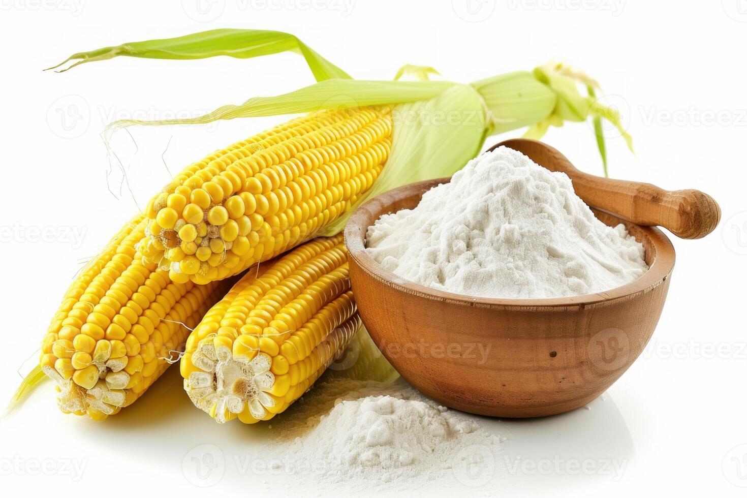 Fresh corn ears and corn flour on white background photo