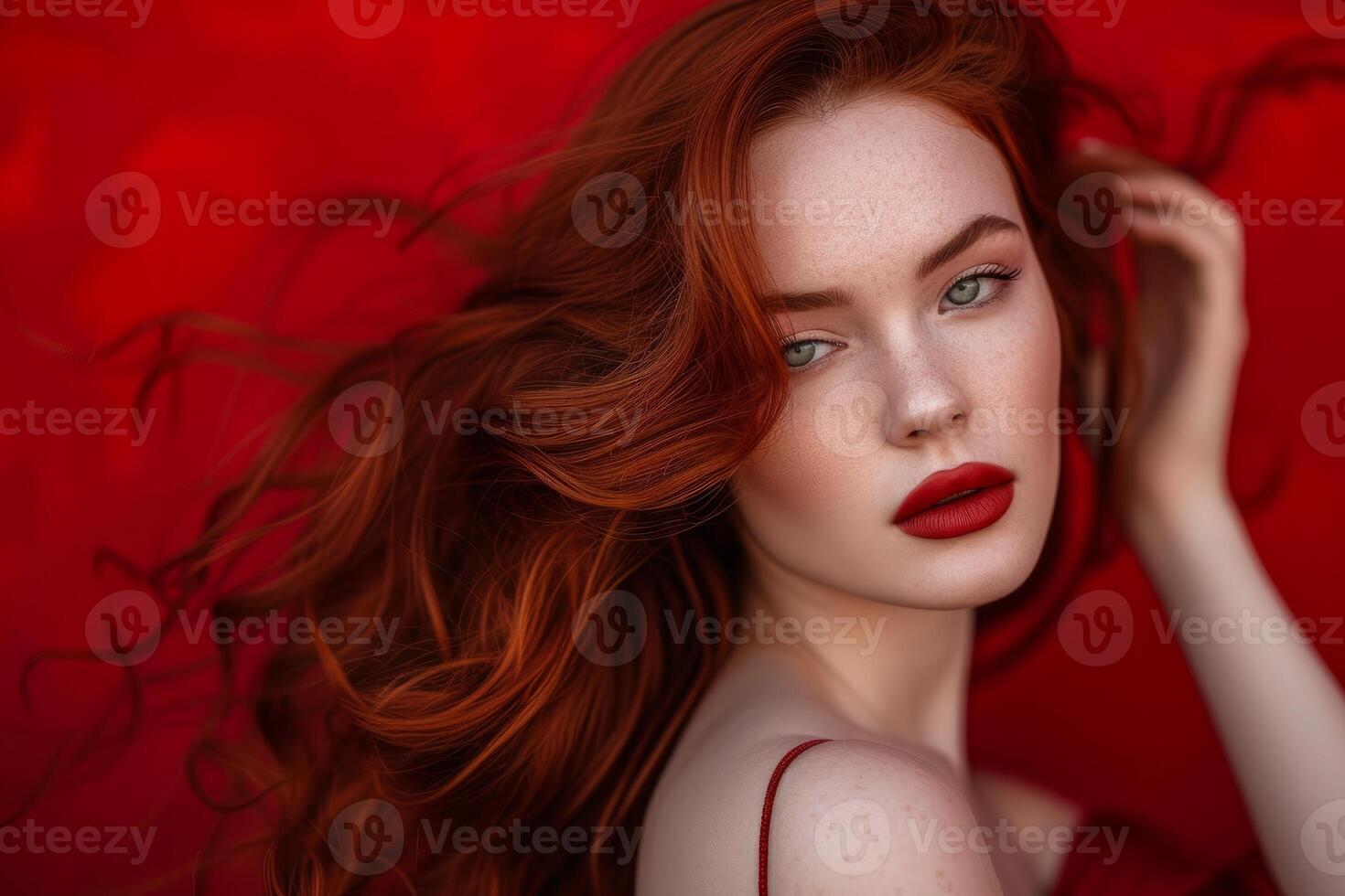 Ravishing redhead - intense beauty on crimson photo