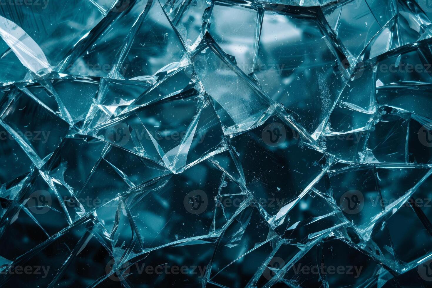 Close-up of broken glass pieces with sharp edges and a monochromatic blue hue photo