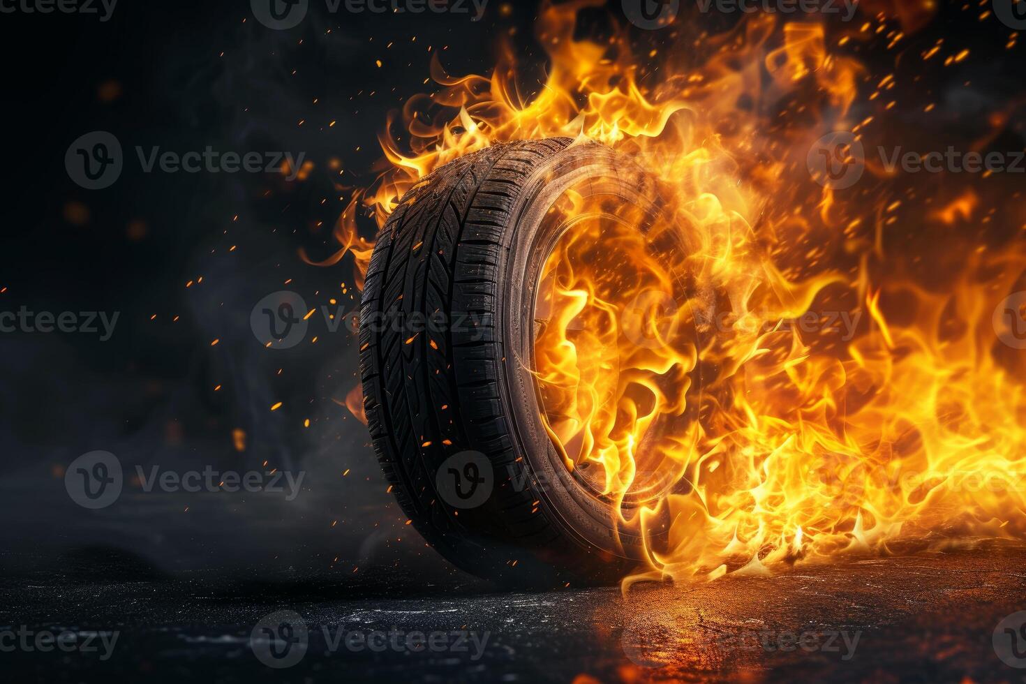 Burning car tire with intense flames on dark background photo