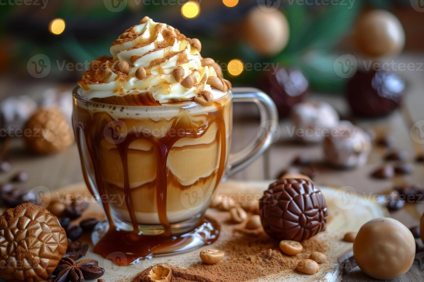 Festive caramel coffee with whipped cream photo