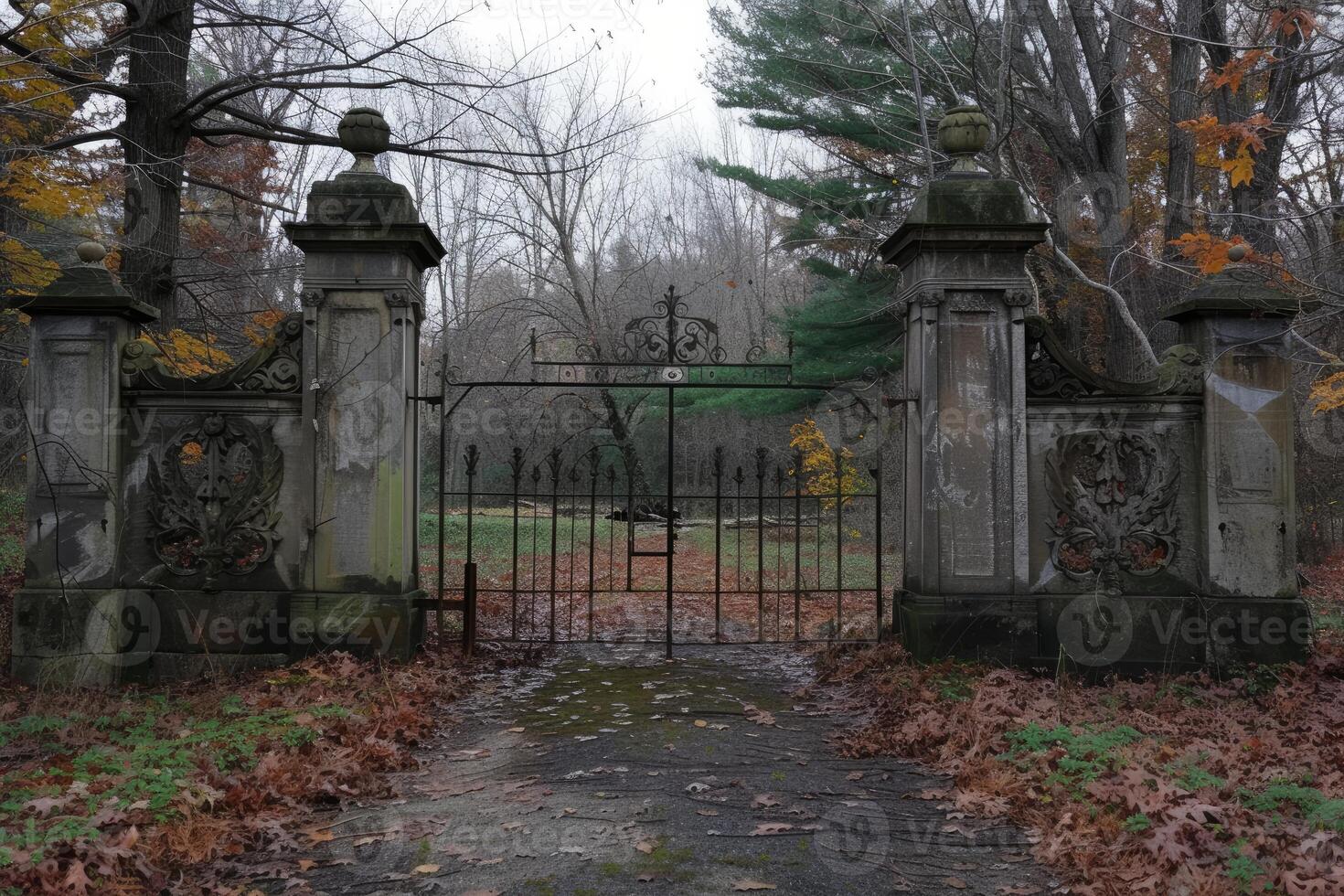 Mysterious old gate in autumn forest photo