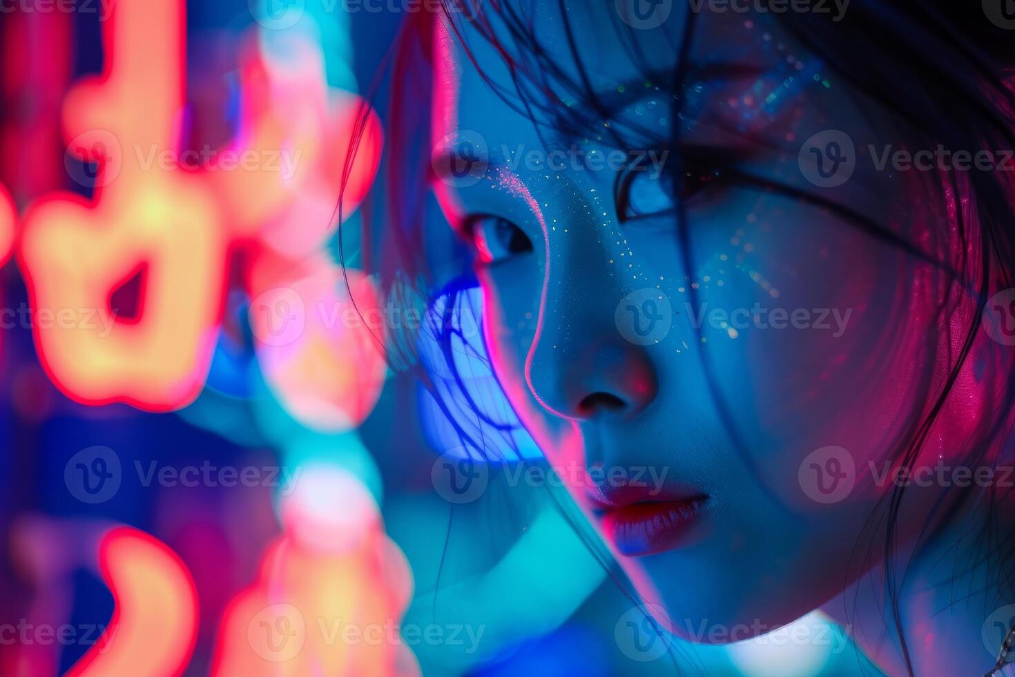 Cyberpunk portrait of a woman in neon lights photo