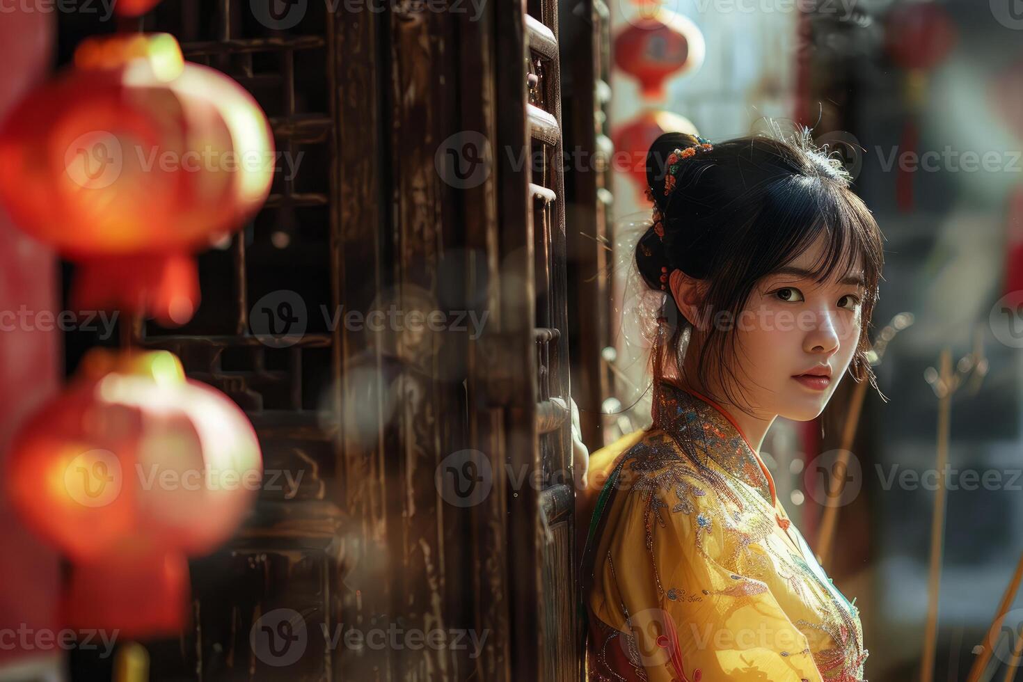 Traditional elegance, young woman in hanfu with lanterns photo