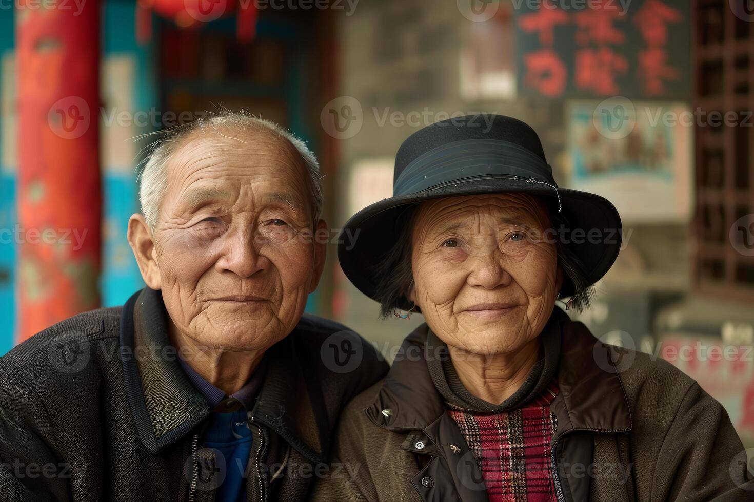 Portrait of a smiling elderly asian couple, radiating warmth and affection photo