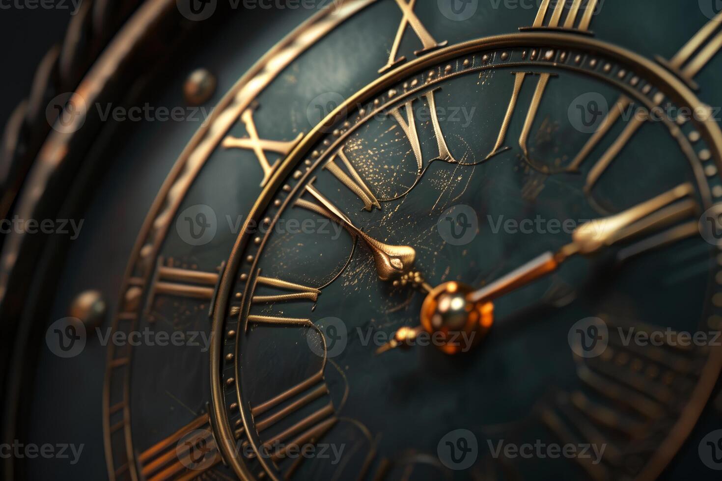 Macro shot of an antique clock's hands and roman numerals photo