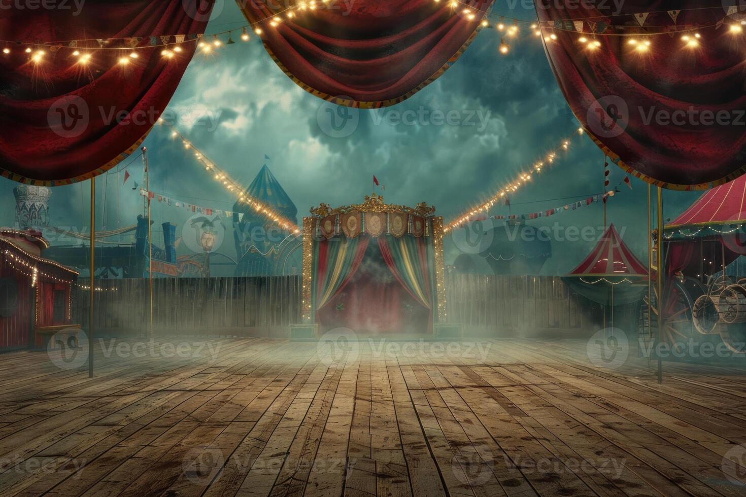 Enchanted nighttime circus arena with glowing lights photo