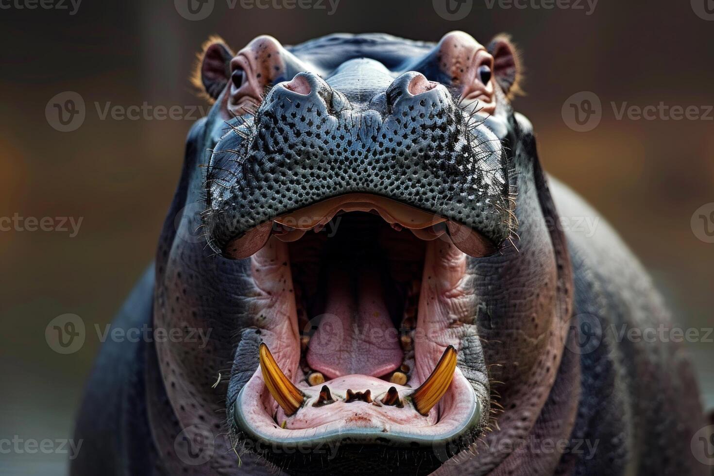 Detailed closeup of a hippopotamus opening its mouth wide photo
