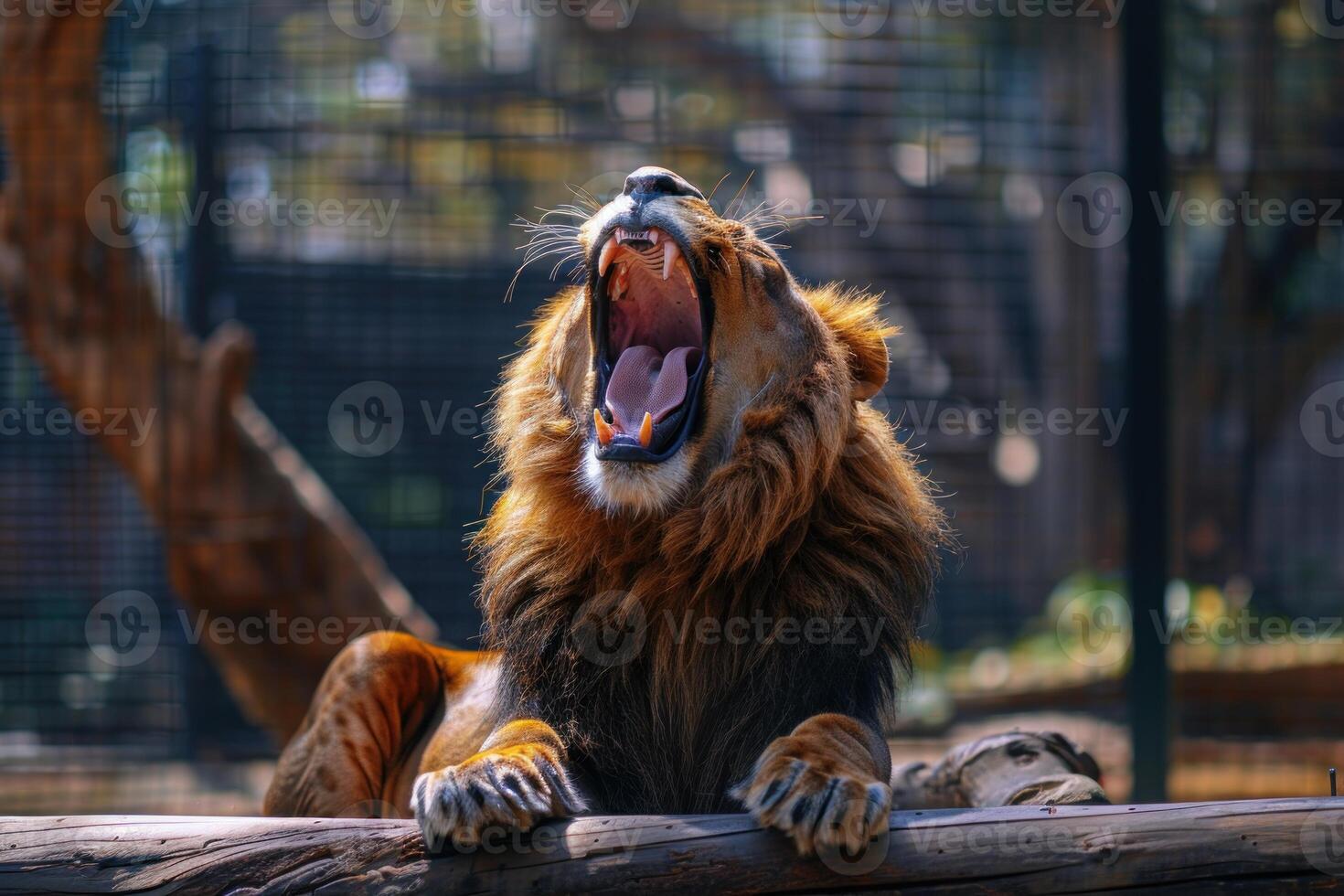 Majestic lion roaring in captivity photo