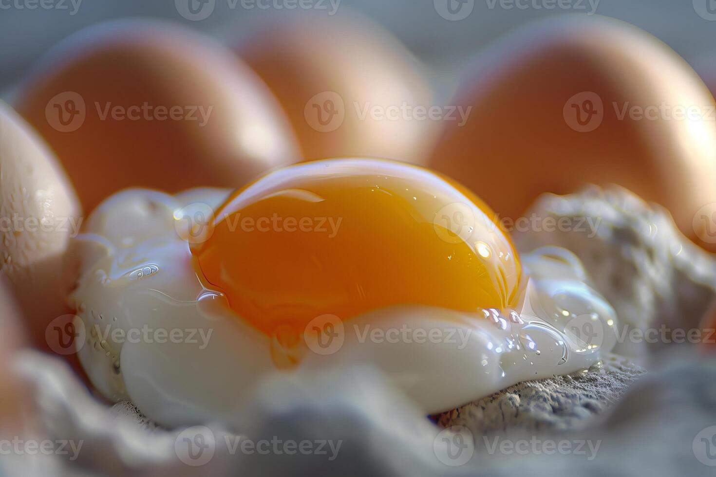 Highdefinition closeup of a raw egg with a broken shell, showcasing yolk and albumen photo