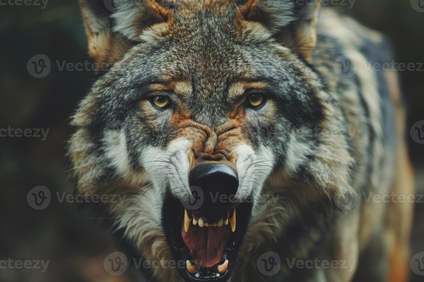 Intense wolf portrait with open jaws photo