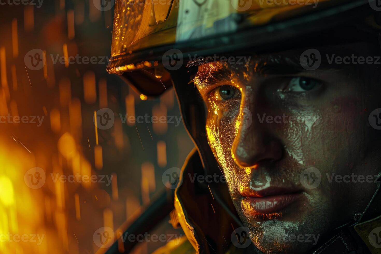 Closeup of a dedicated firefighter's face against flames and falling water droplets photo
