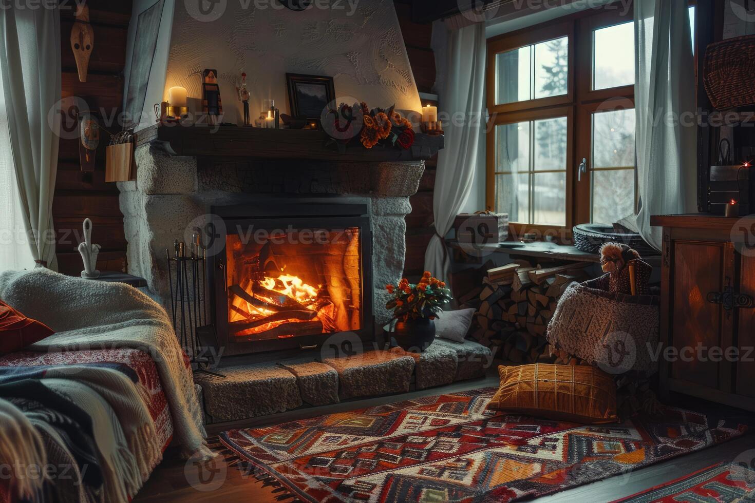 Cozy cabin interior with warm fireplace photo