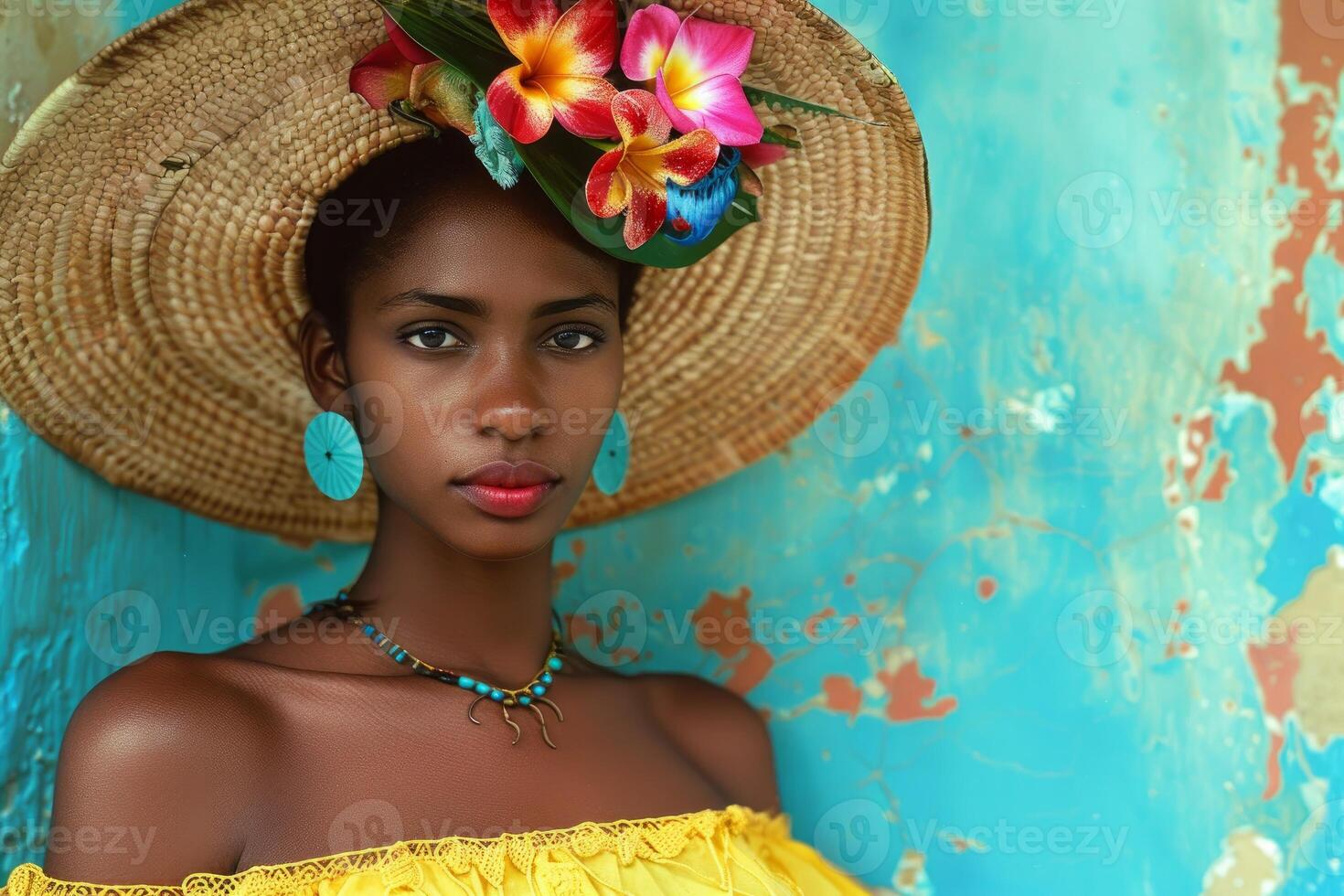 Tropical beauty, young woman with floral hat photo