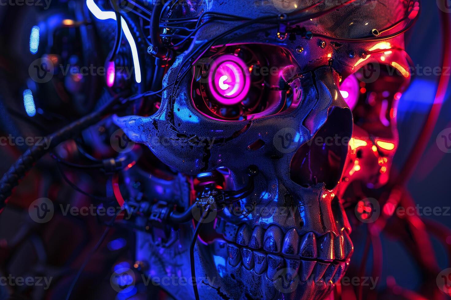 Cybernetic skull in neon light photo