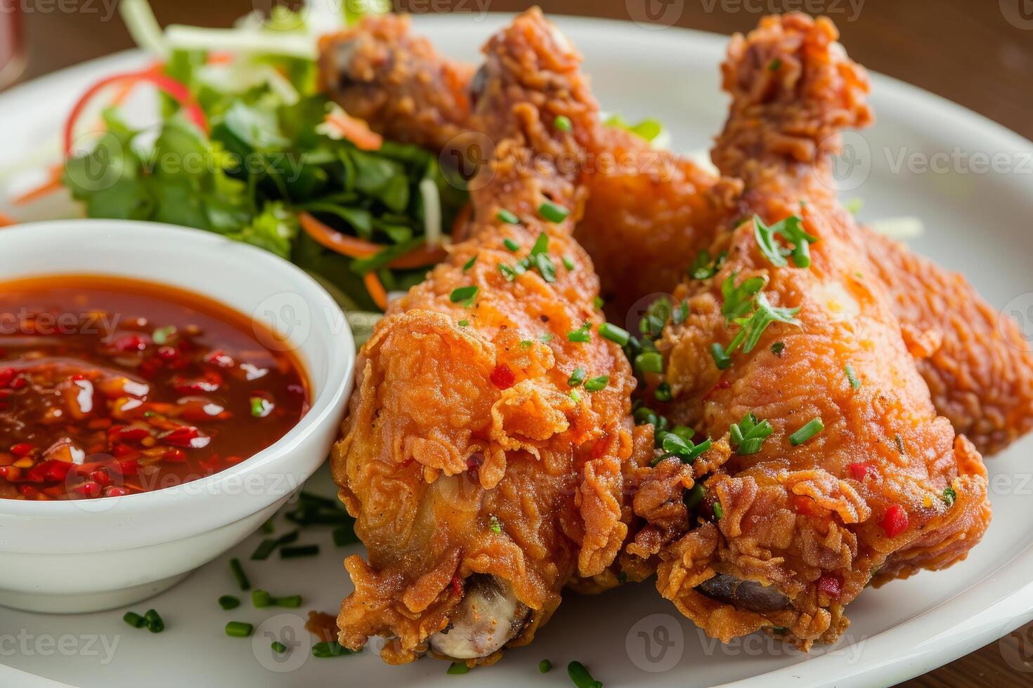 Crispy fried chicken with salad and chili sauce photo