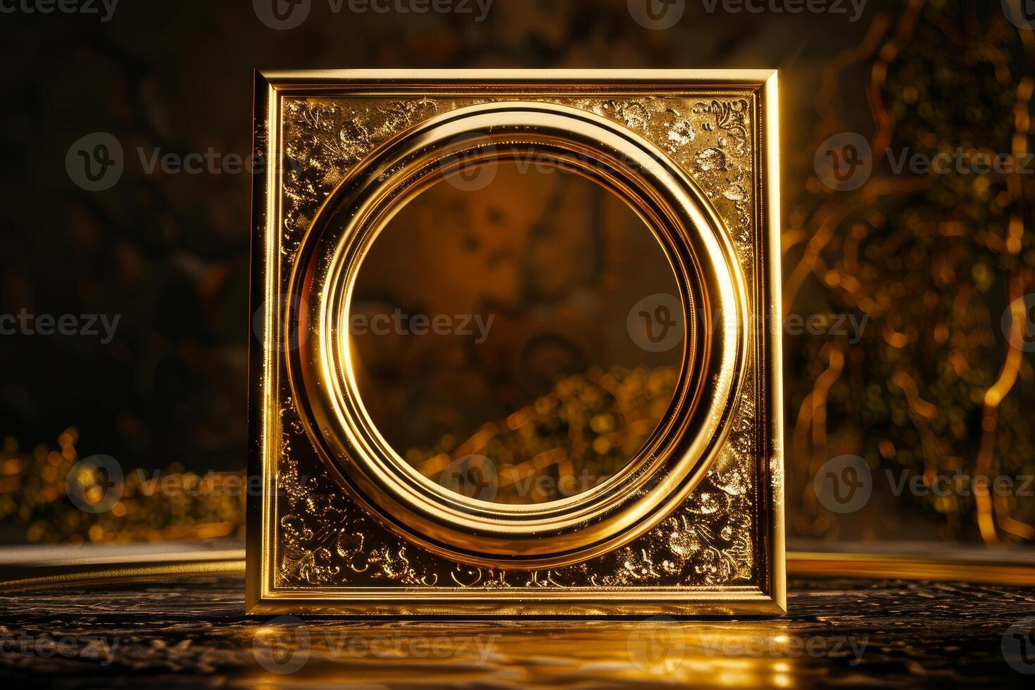 Vintage golden picture frame on elegant background photo