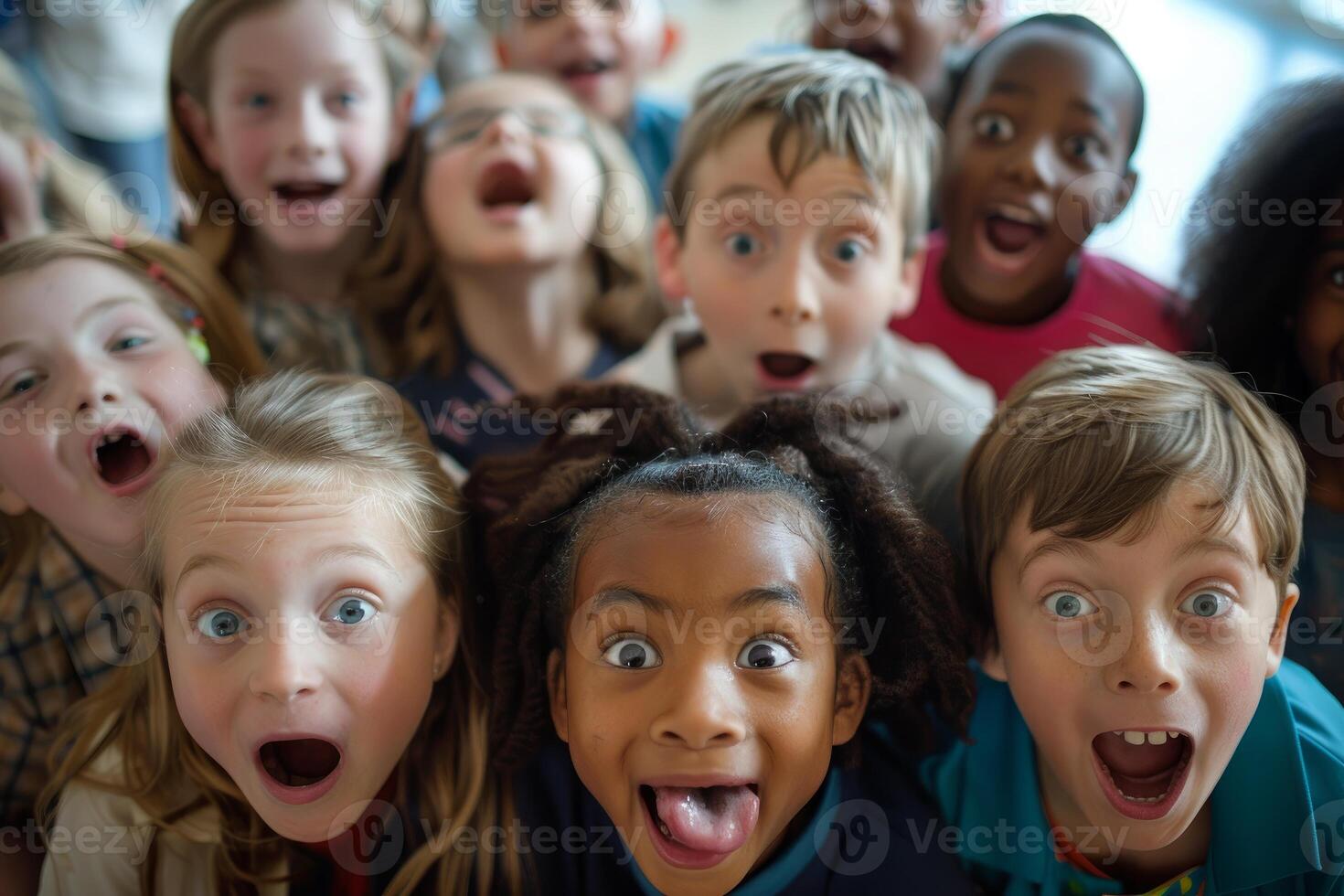 Group of joyful children with wideeyed expressions of excitement and astonishment photo