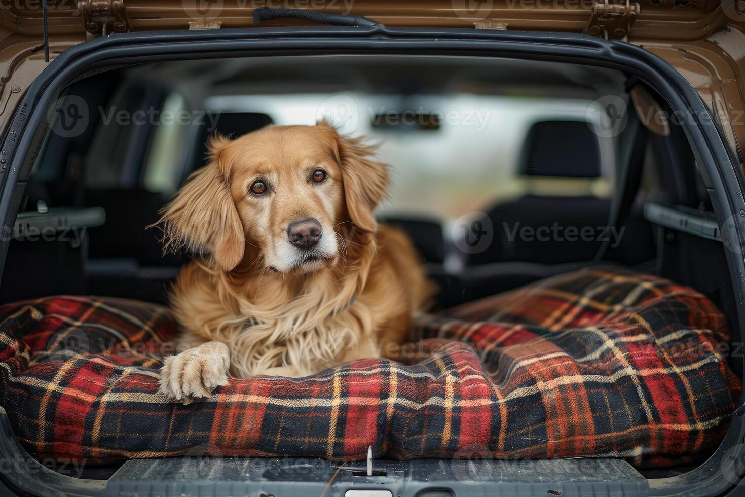 Golden retriever waiting in car trunk photo