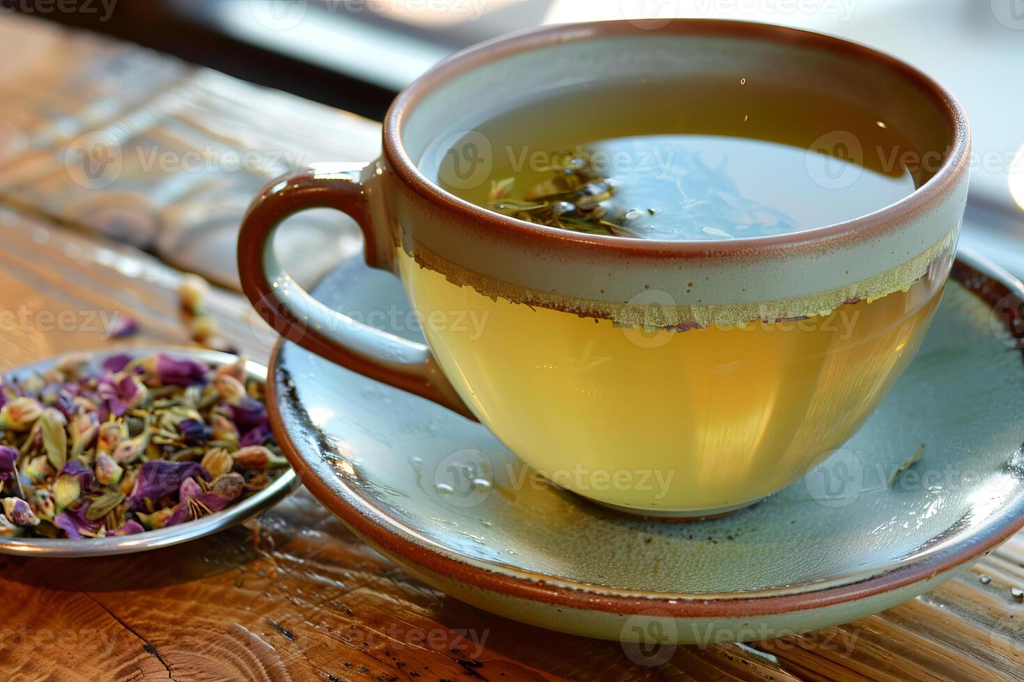 Cozy cup of herbal tea on wooden table photo