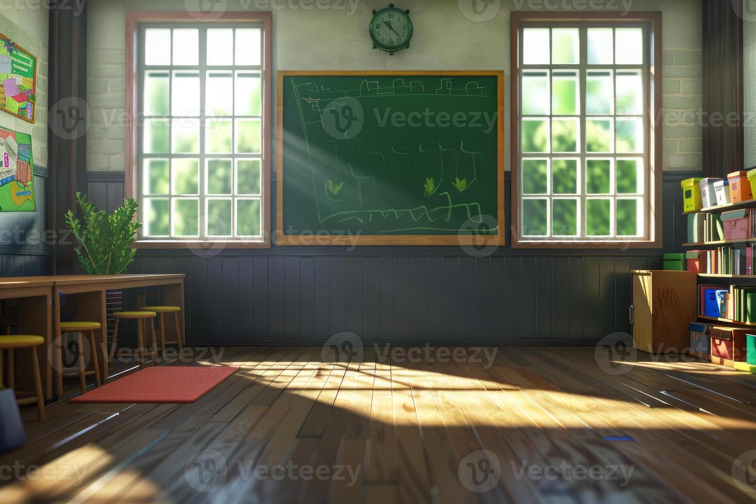 Sunny classroom with chalkboard and plant photo