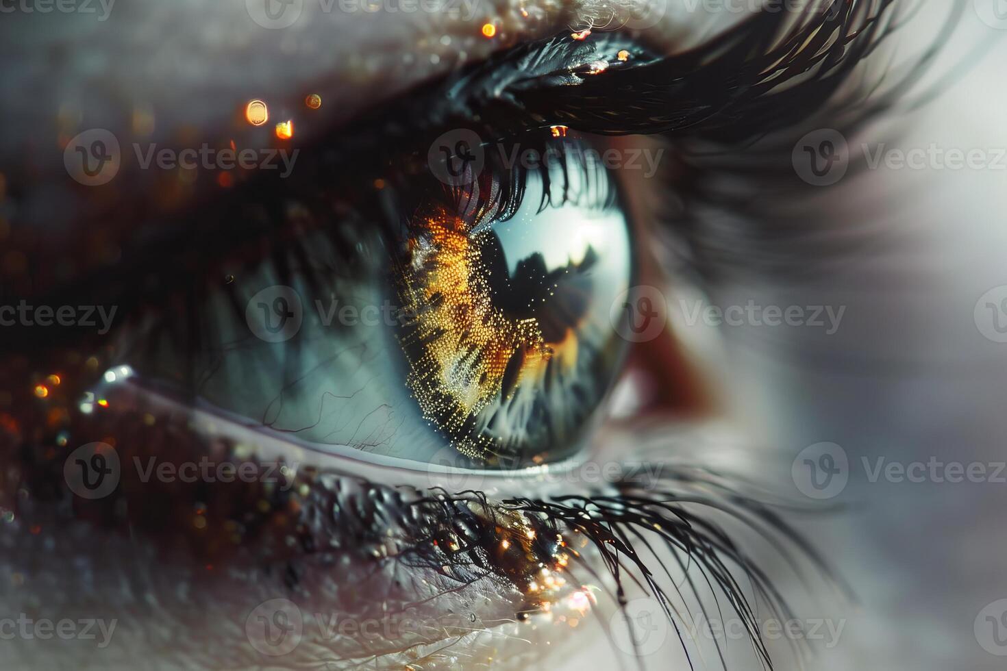 Detailed closeup of a human eye with shimmering reflections, capturing the essence of vision photo