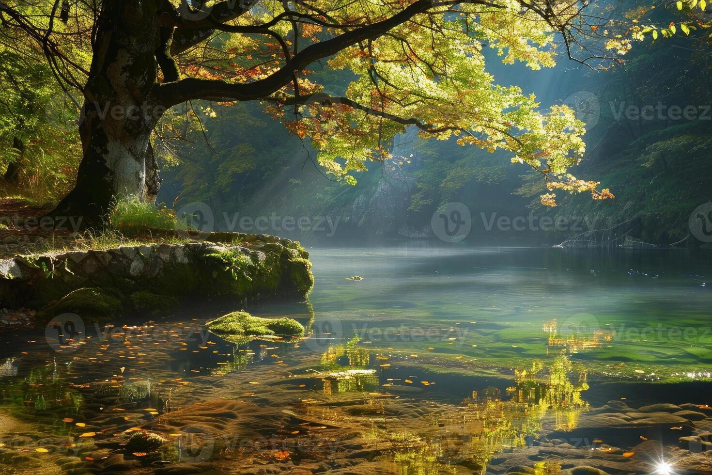 Enchanted autumn forest by tranquil lake photo