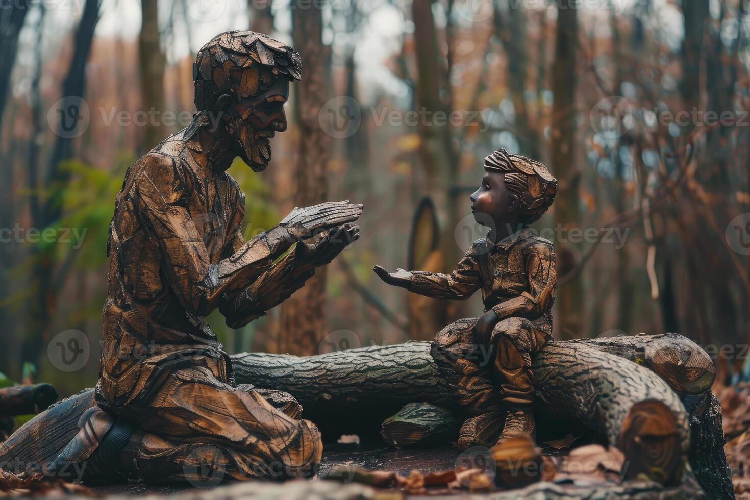 Bronze statue father and child in forest scene photo