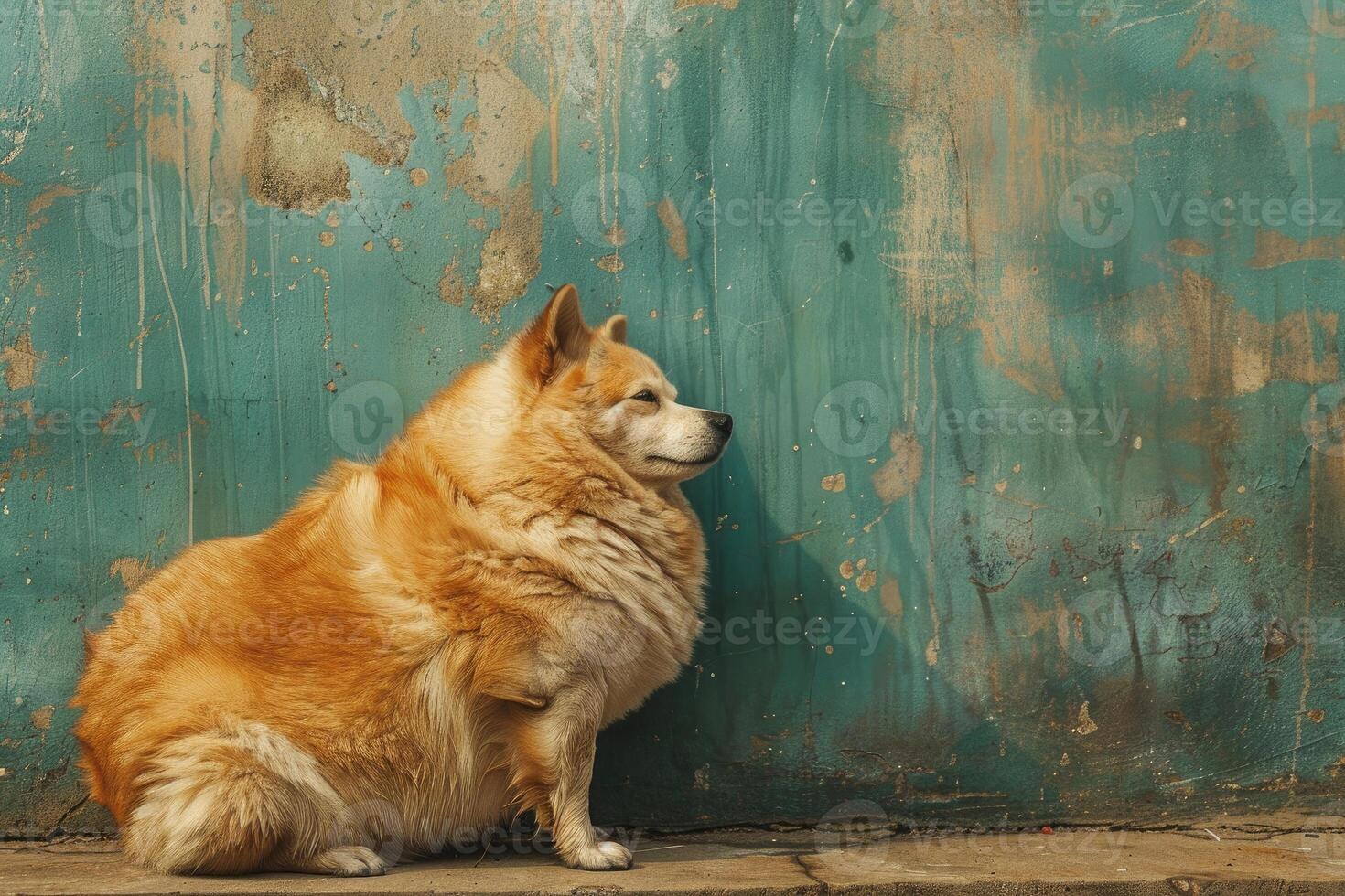 Pensive corgi dog against rustic blue wall photo