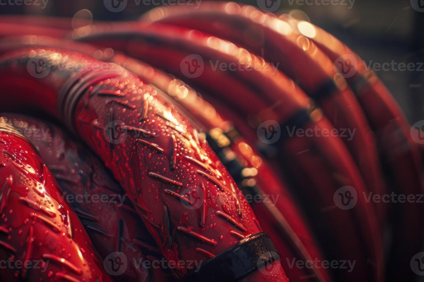 Red fire hoses with water droplets close up photo