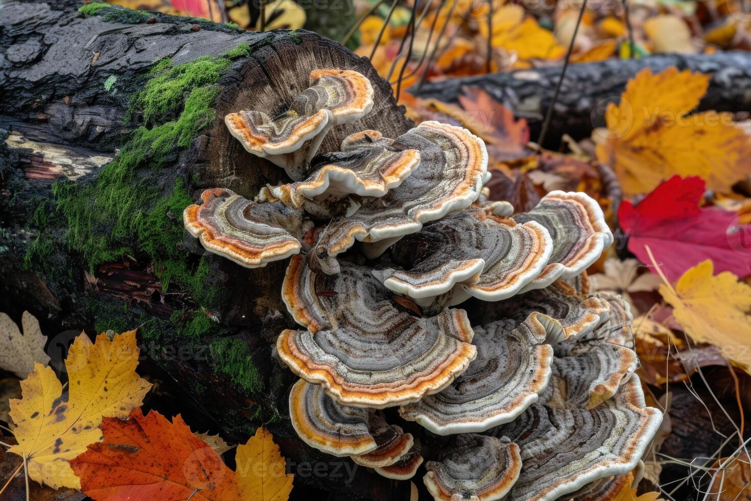 Autumn fungi on forest log photo