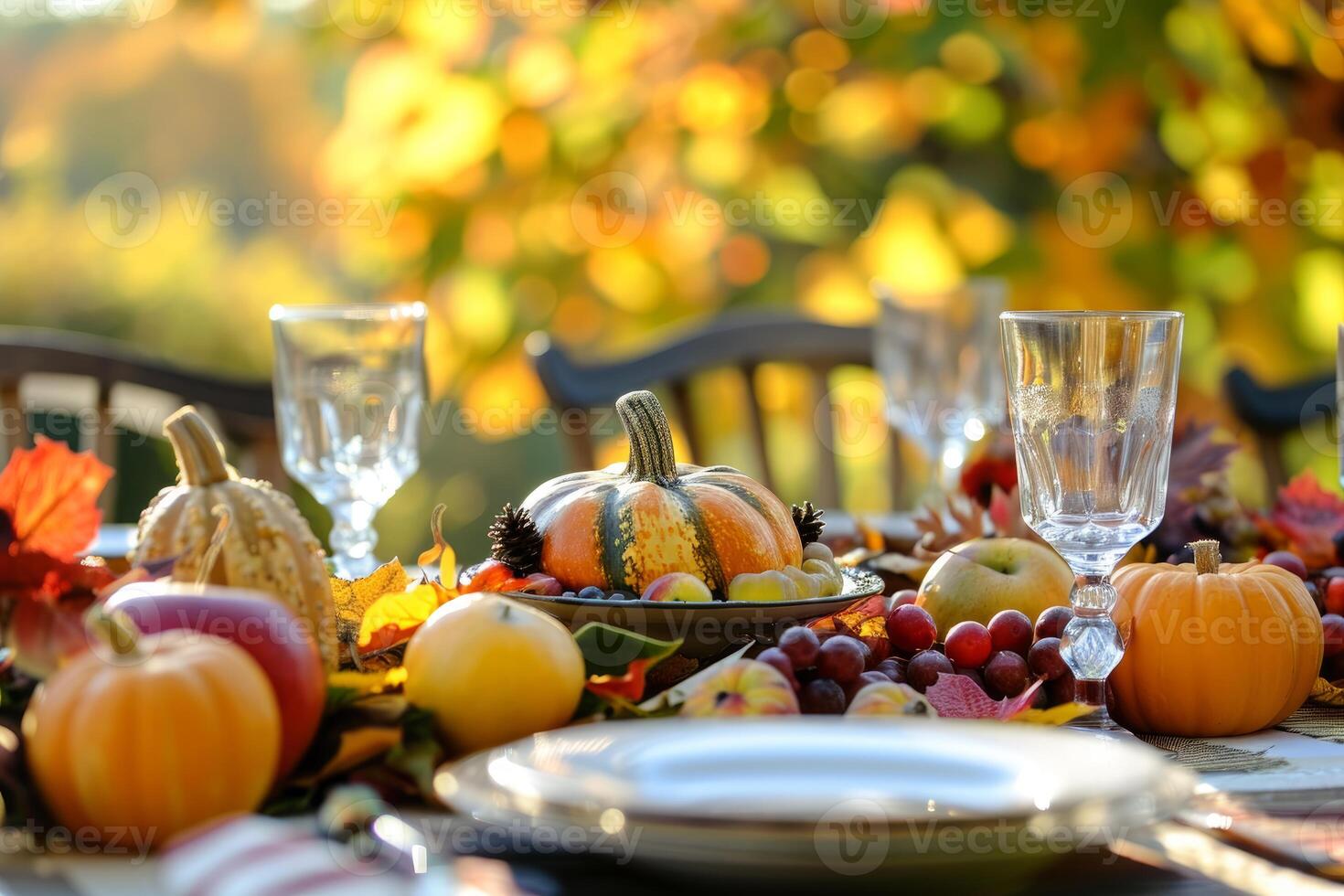 Autumn harvest dinner table setting photo